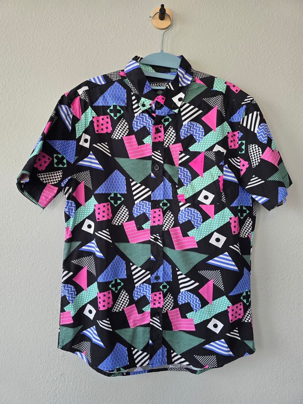 Massive Mens S 80s Memphis Geometric Print Cotton Button Up Shirt NWOT 90s Retro